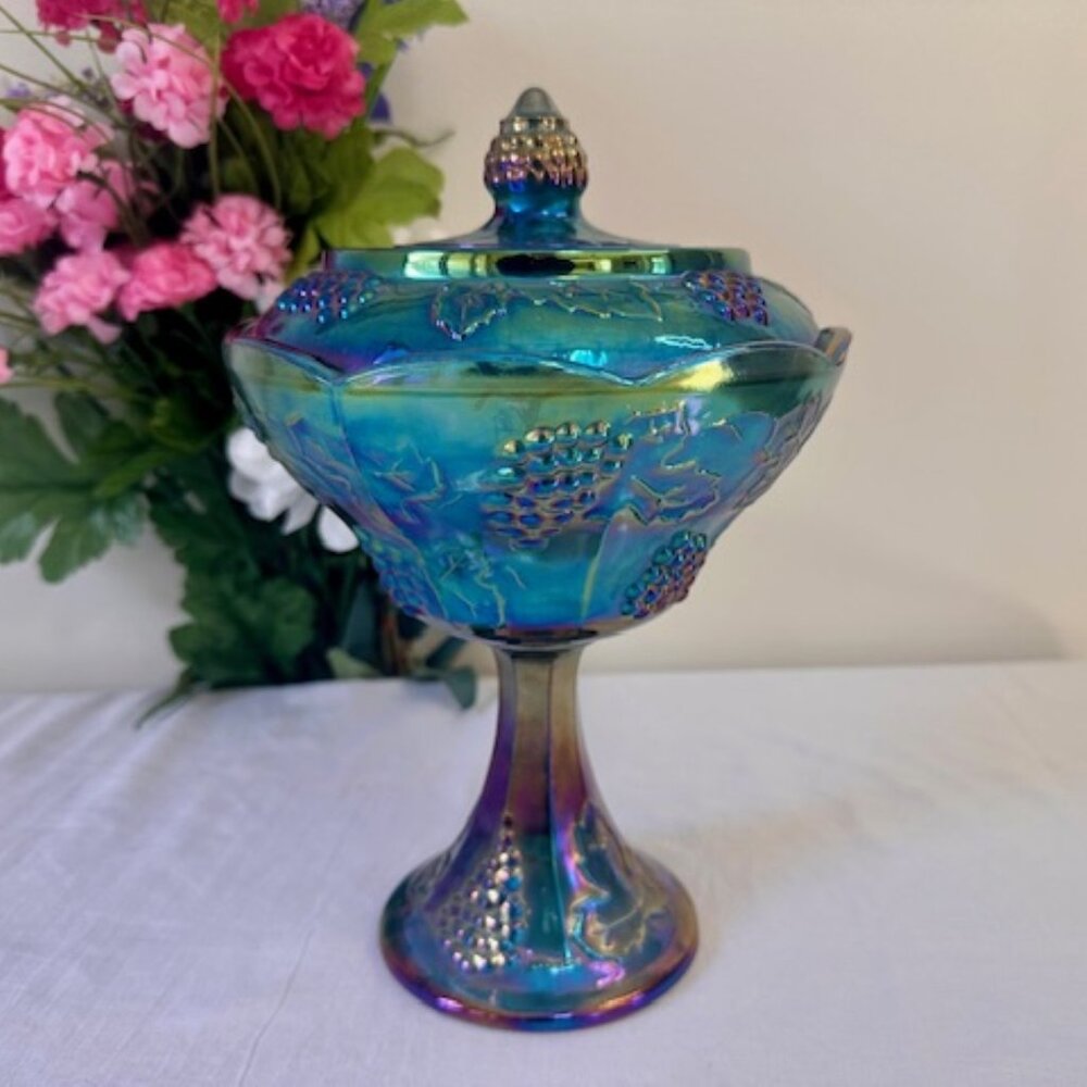 Vintage Blue Carnival Glass Compote with Lid Grape Pattern Iridescent Luster Fin